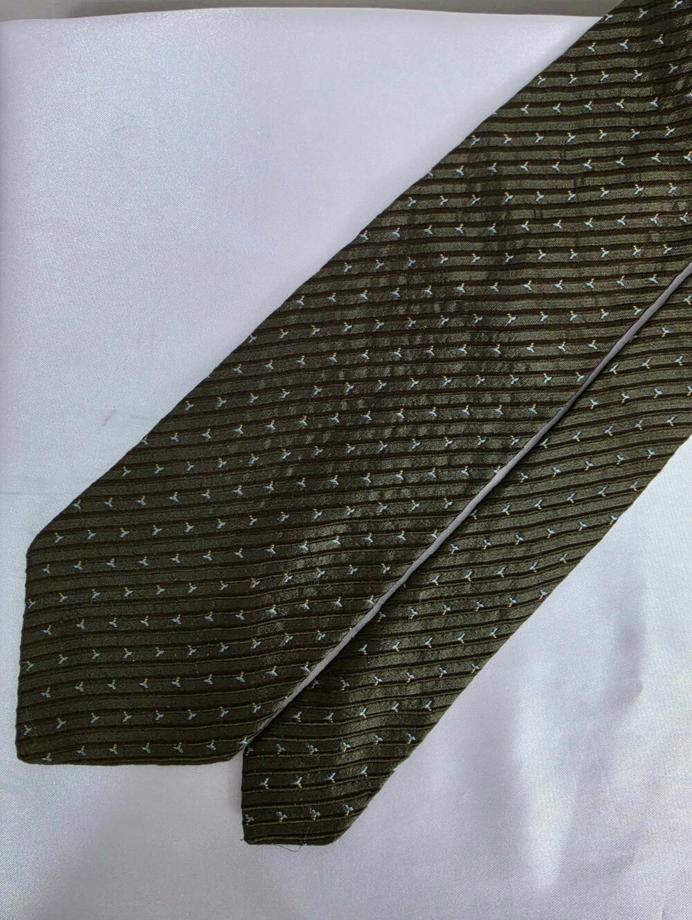 Valentino Olive Green Striped Silk Tie with Micro Dot Accent